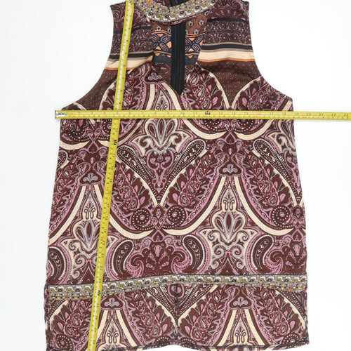 Parisian Collection Women's Brown Paisley Beaded Sleeveless Tunic Blouse Size 12
