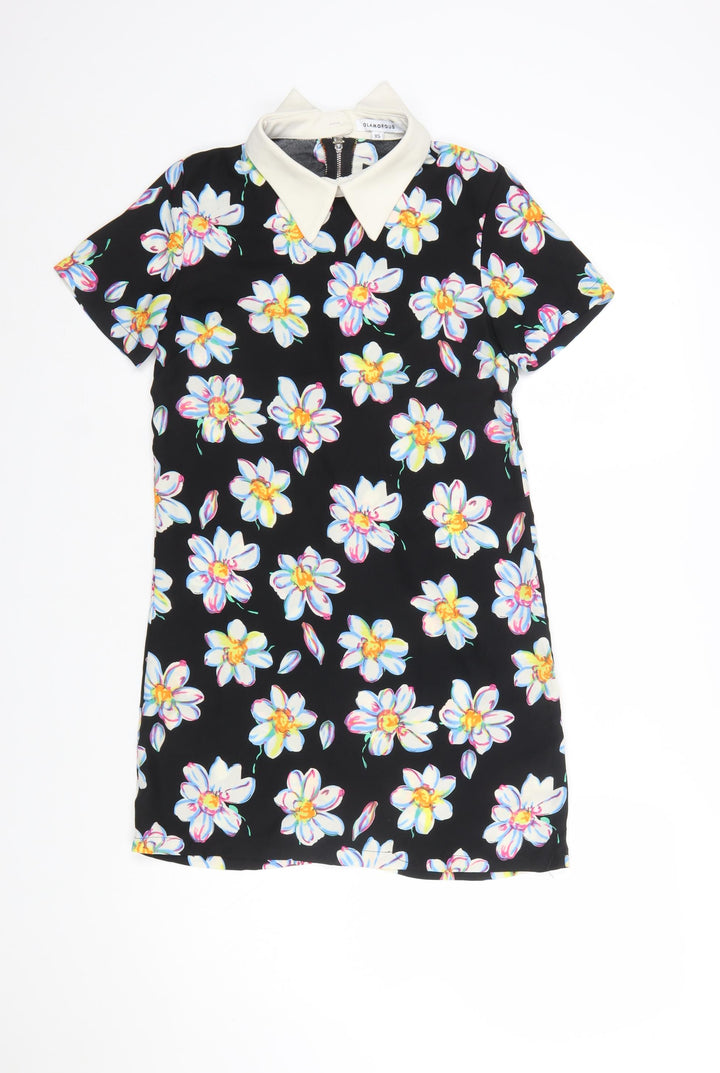 Glamorous Women’s Black Floral Collared Short Sleeve Shift Dress XS