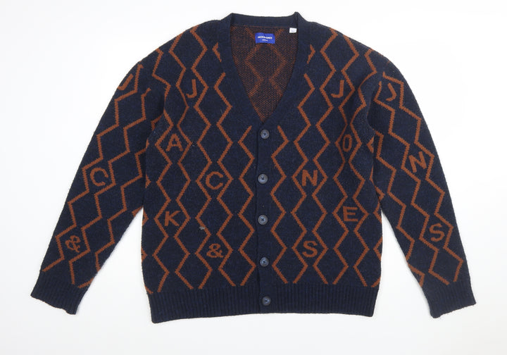 Jack & Jones Men's Blue Geometric Knit Cardigan M