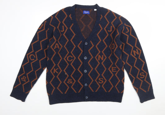 Jack & Jones Men's Blue Geometric Knit Cardigan M