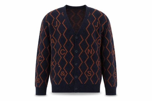 Front view of Jack & Jones Men's Blue Geometric Knit Cardigan M