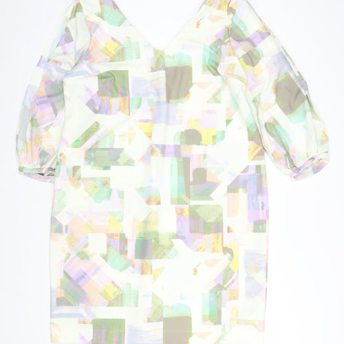 Next Women’s Multicoloured Shift Dress Size 16 V-Neck Puff Sleeve