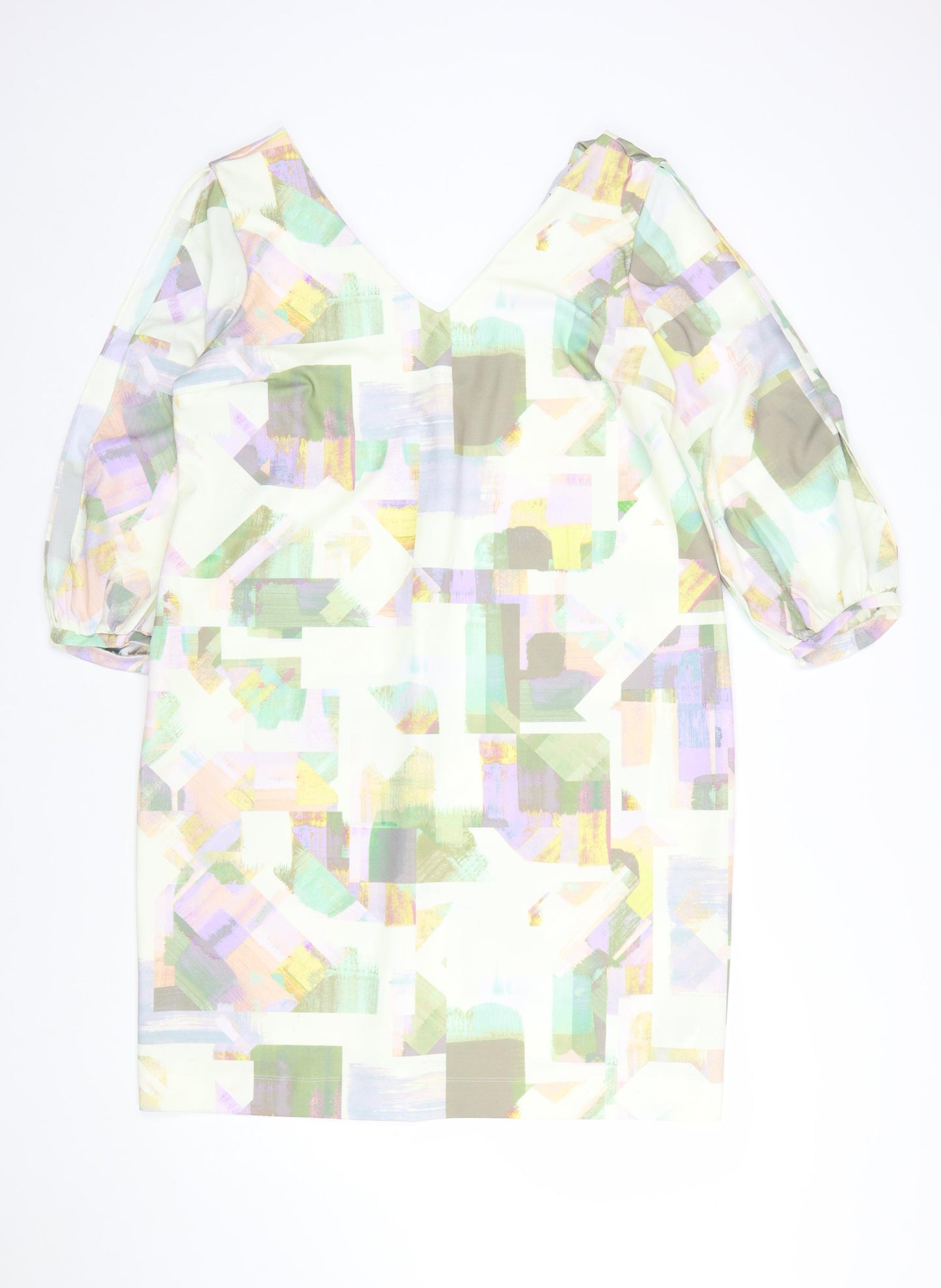 Next Women’s Multicoloured Shift Dress Size 16 V-Neck Puff Sleeve