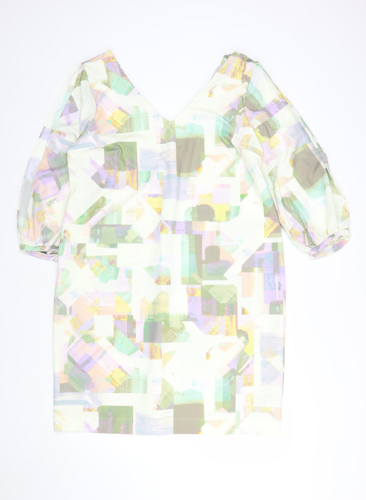 Next Women’s Multicoloured Shift Dress Size 16 V-Neck Puff Sleeve