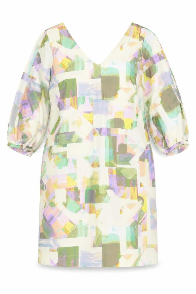 Front view of Next Women’s Multicoloured Shift Dress, size UK 16, V-Neck Puff Sleeve