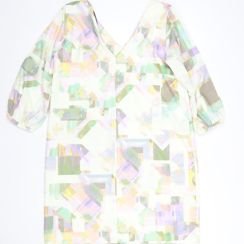 Next Women’s Multicoloured Shift Dress Size 16 V-Neck Puff Sleeve