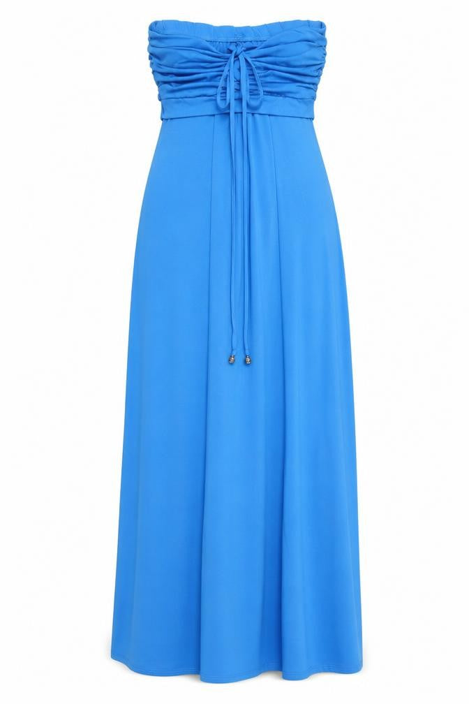 Front view of Select Women’s Blue Strapless Midi Dress, size UK 10, Ruched Tie Front