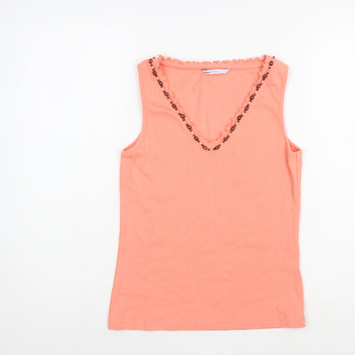 Papaya Women’s Orange Cotton Beaded V-Neck Sleeveless Tank Top Size 12