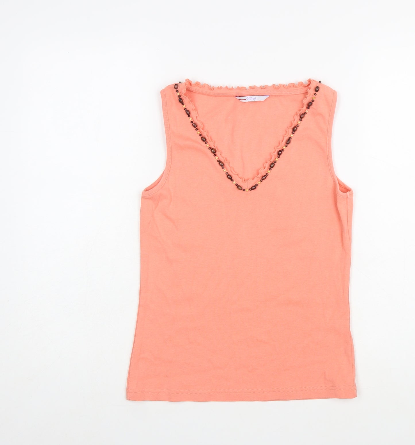 Papaya Women’s Orange Cotton Beaded V-Neck Sleeveless Tank Top Size 12
