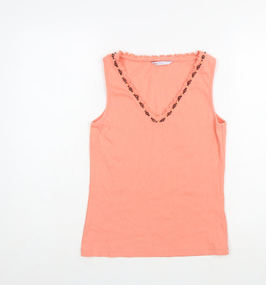 Papaya Women’s Orange Cotton Beaded V-Neck Sleeveless Tank Top Size 12