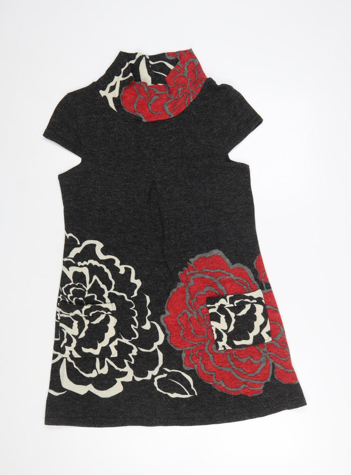 Quiz Women Black Floral Shift Knit Dress Size 10 Roll Neck