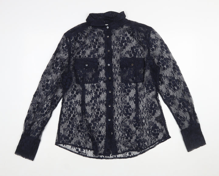 Kew 159 Women's Blue Lace Sheer Long Sleeve Blouse Size 14