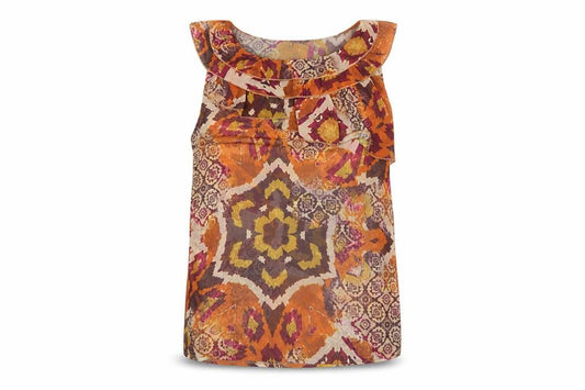 Front view of Exhibit Women’s Multicoloured Bohemian Ruffle Sleeveless Blouse M