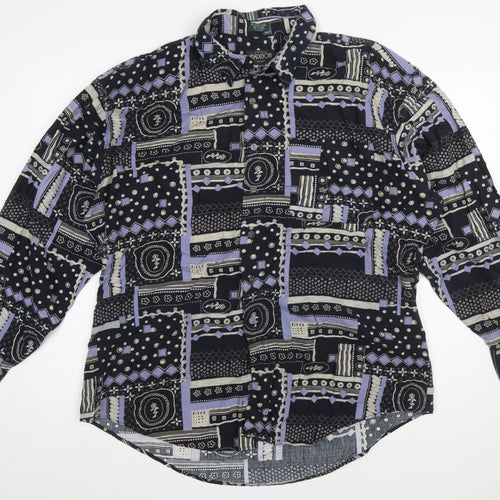 Radizion Men’s Black Geometric 90s Retro Long Sleeve Button-Up Shirt 2XL