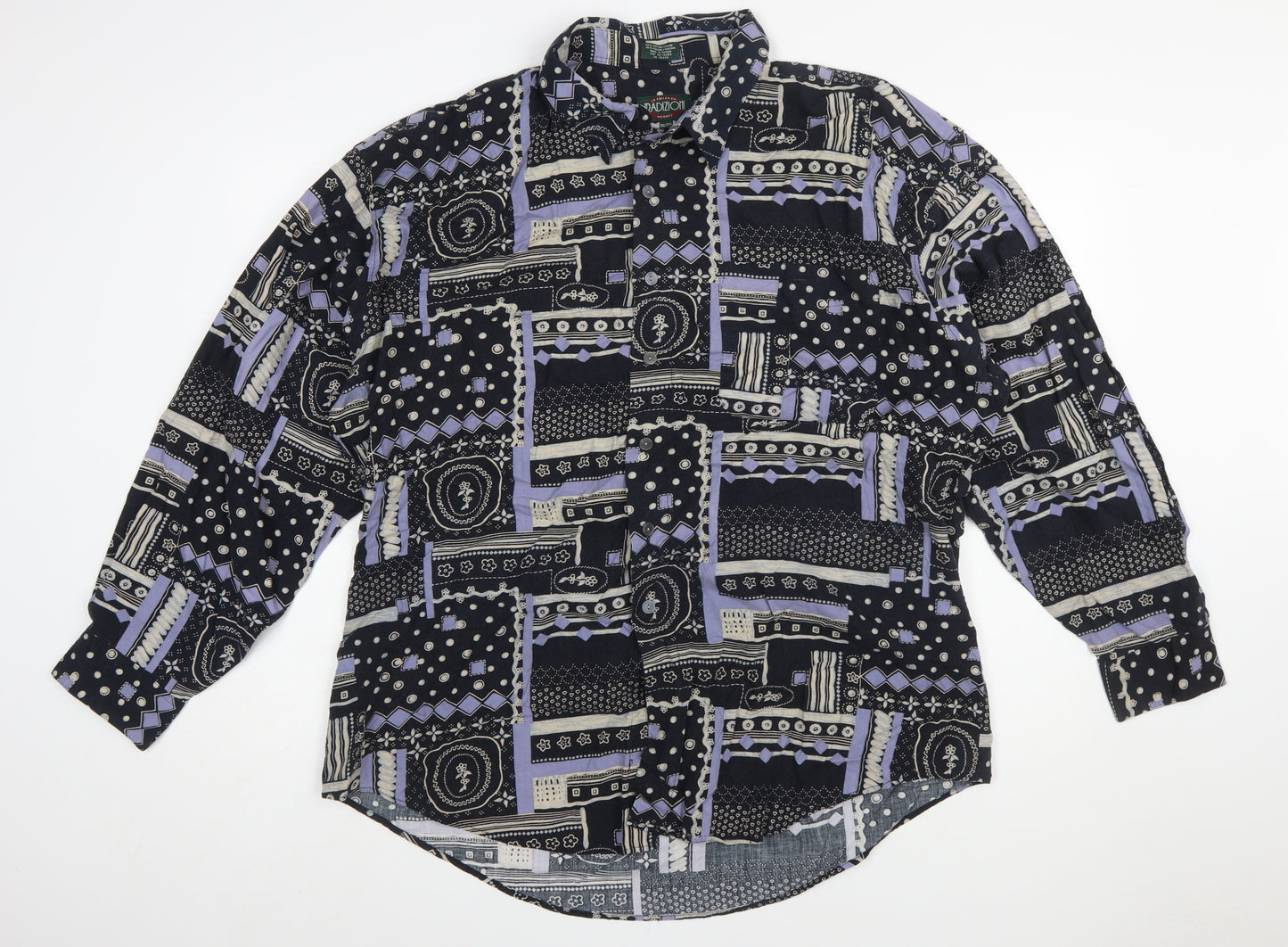 Radizion Men’s Black Geometric 90s Retro Long Sleeve Button-Up Shirt 2XL