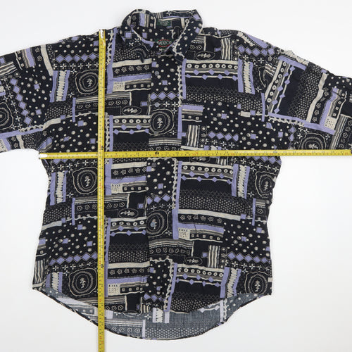 Radizion Men’s Black Geometric 90s Retro Long Sleeve Button-Up Shirt 2XL