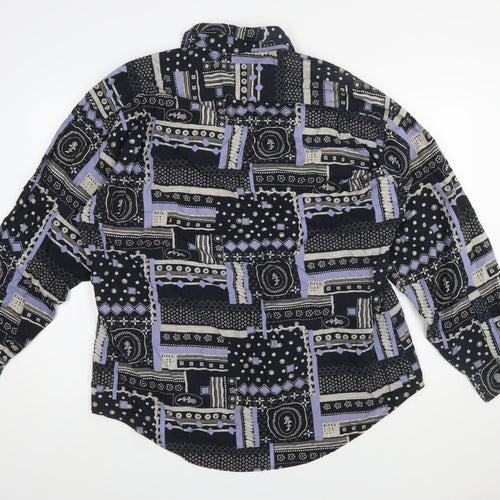 Radizion Men’s Black Geometric 90s Retro Long Sleeve Button-Up Shirt 2XL