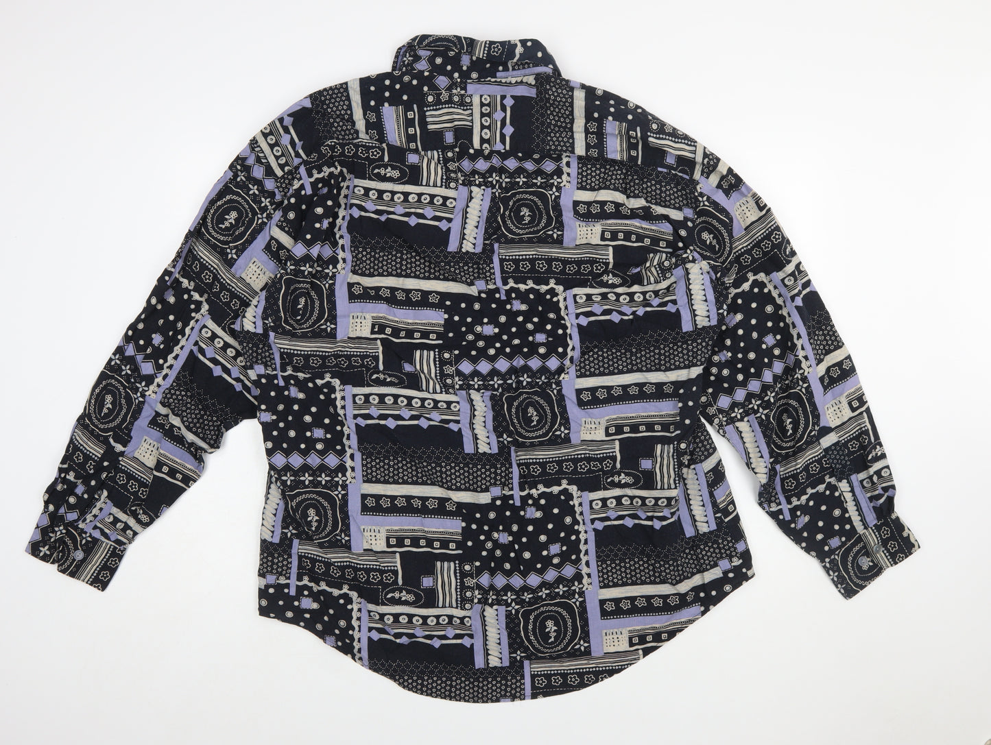 Radizion Men’s Black Geometric 90s Retro Long Sleeve Button-Up Shirt 2XL
