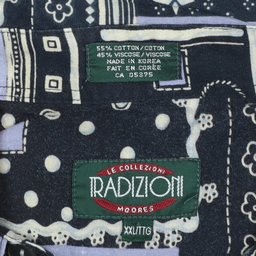 Radizion Men’s Black Geometric 90s Retro Long Sleeve Button-Up Shirt 2XL