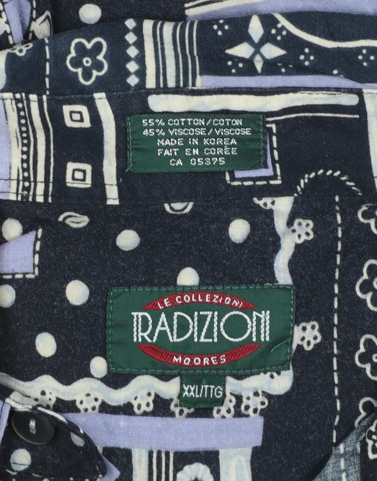 Radizion Men’s Black Geometric 90s Retro Long Sleeve Button-Up Shirt 2XL