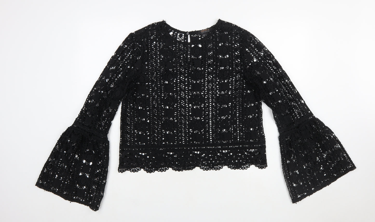Forever 21 Women Black Lace Long Sleeve Tunic Blouse Size L