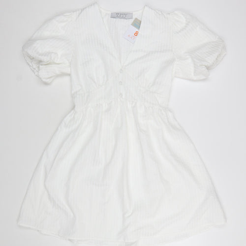 Primark Women White Size 8 Short A-Line Puff Sleeve Dress