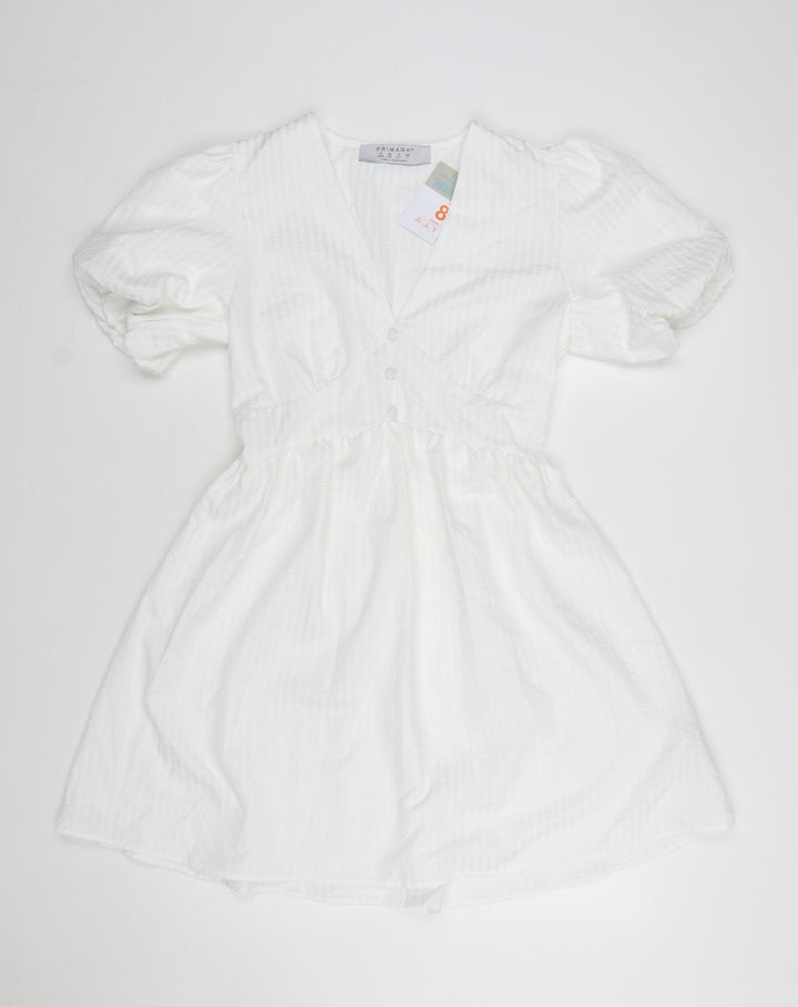 Primark Women White Size 8 Short A-Line Puff Sleeve Dress