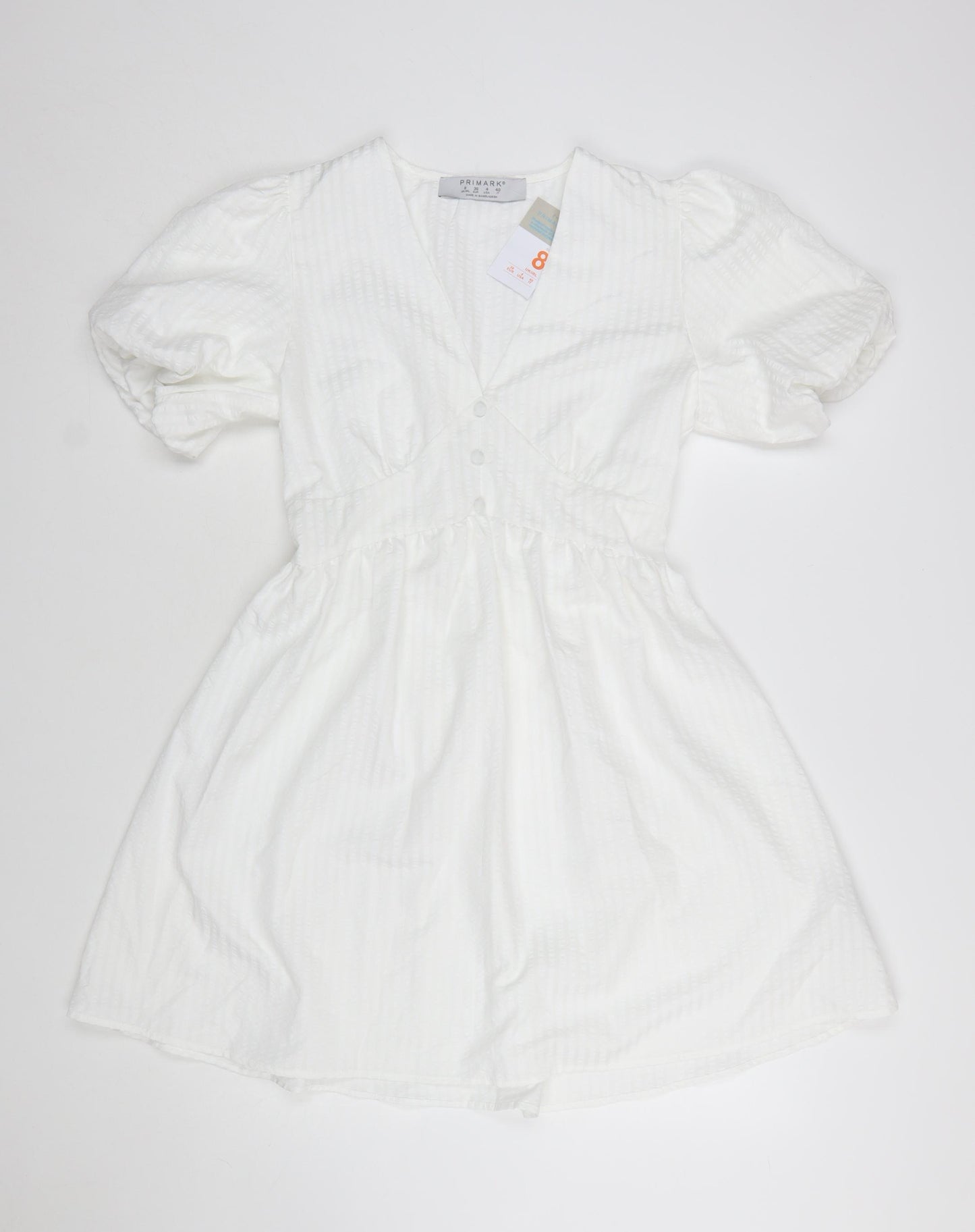 Primark Women White Size 8 Short A-Line Puff Sleeve Dress