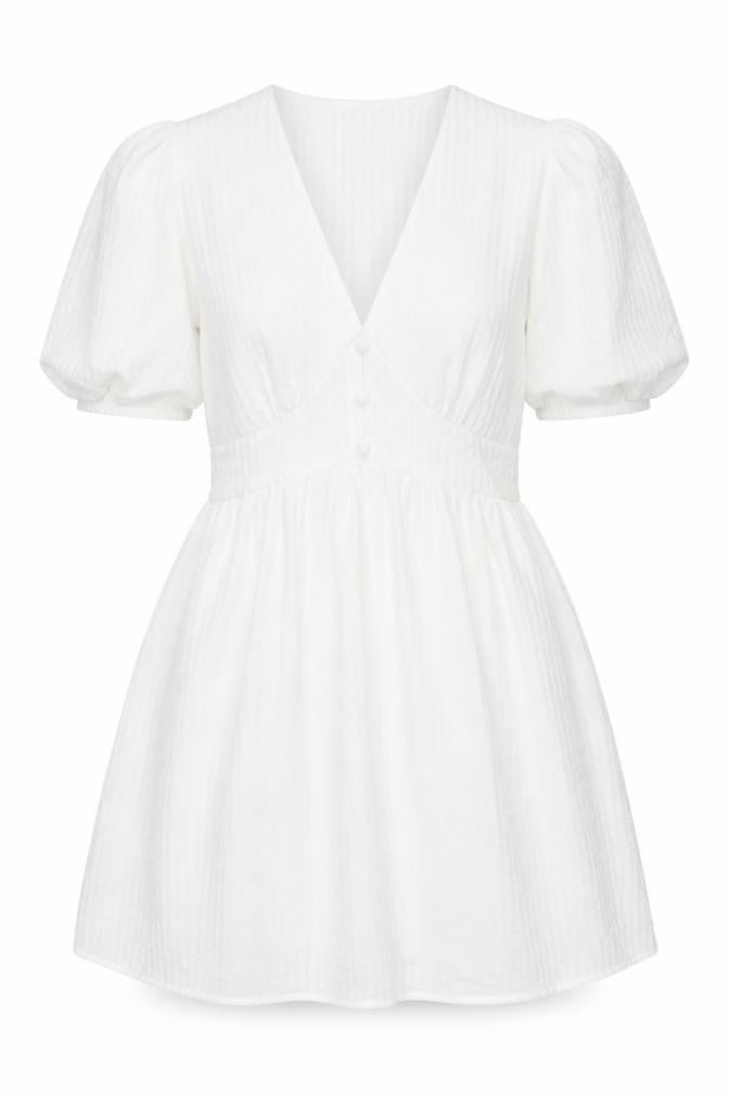 Front view of Primark Women White, size 8, Short A-Line Puff Sleeve Dress