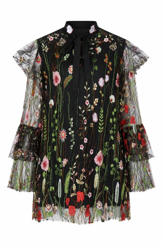 Front view of PRETTYLITTLETHING Women’s Black Floral Mesh Halter A-Line Dress, size UK 10