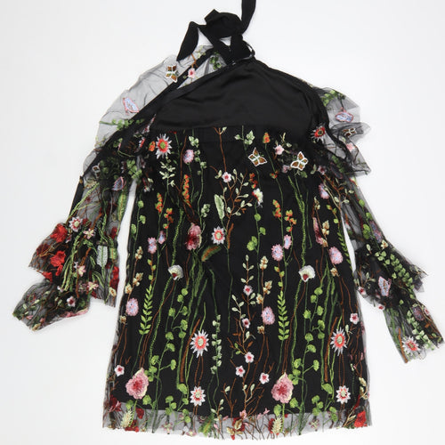 PrettyLittleThing Women’s Black Floral Mesh Halter A-Line Dress Size 10