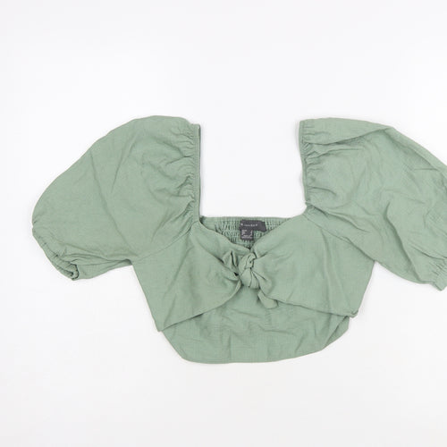 Primark Women Green Cropped Puff Sleeve Tie Blouse Size 8