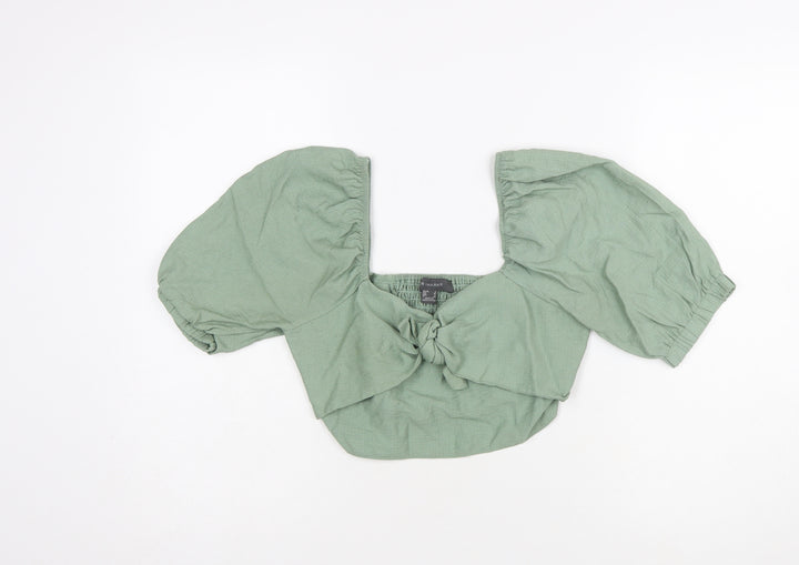 Primark Women Green Cropped Puff Sleeve Tie Blouse Size 8