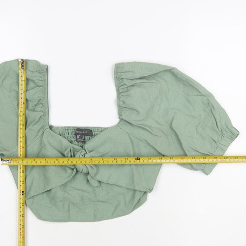 Primark Women Green Cropped Puff Sleeve Tie Blouse Size 8