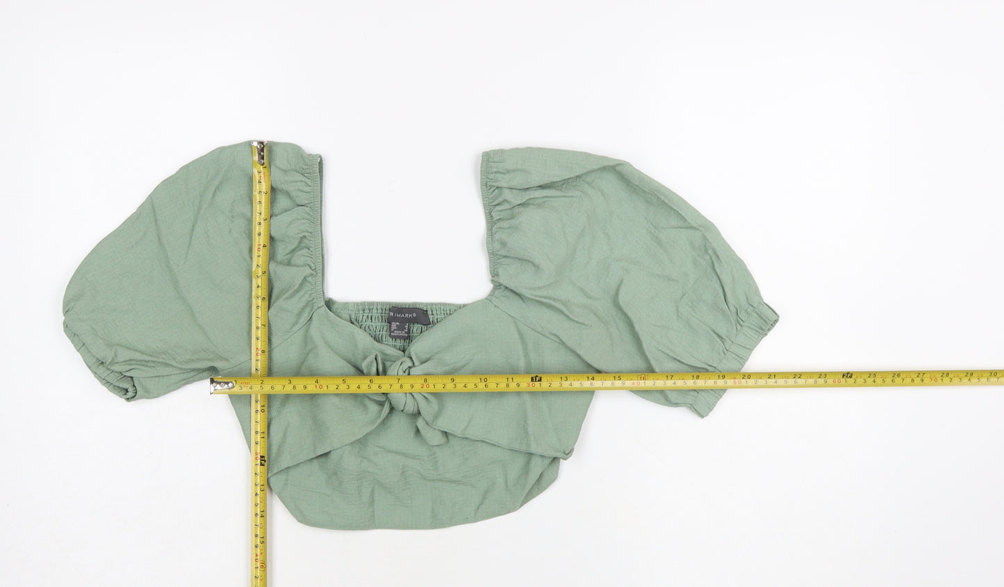 Primark Women Green Cropped Puff Sleeve Tie Blouse Size 8