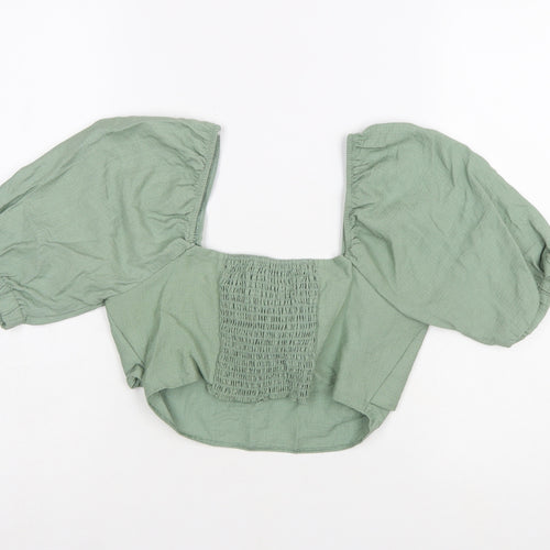 Primark Women Green Cropped Puff Sleeve Tie Blouse Size 8