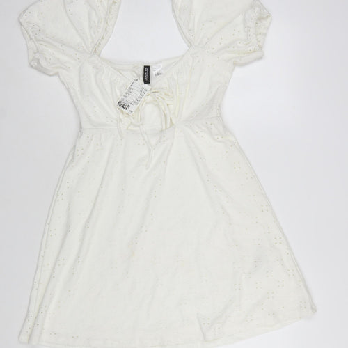 H&M Divided Women’s White Cotton A-Line Puff Sleeve Short Dress Size 8