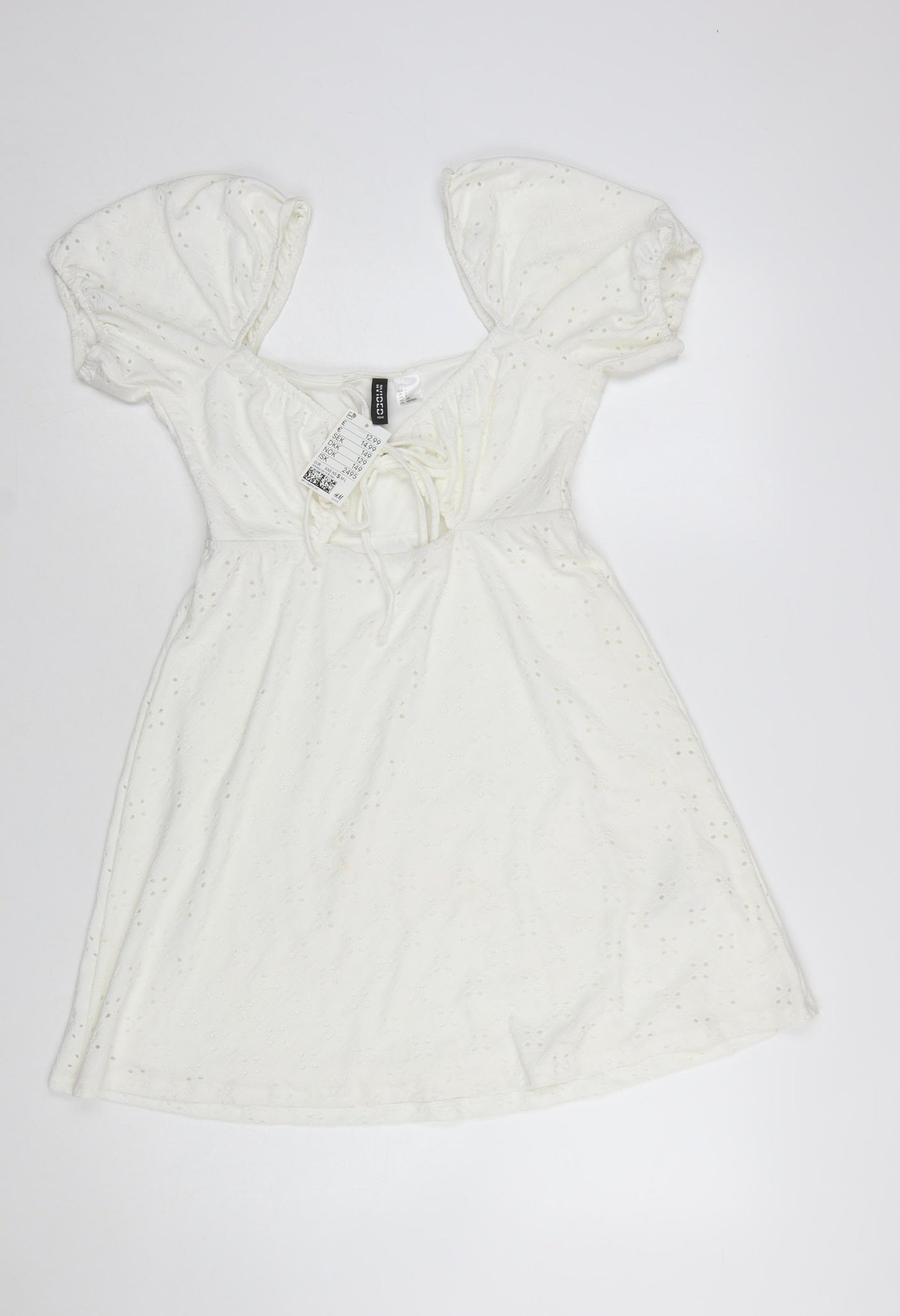H&M Divided Women’s White Cotton A-Line Puff Sleeve Short Dress Size 8