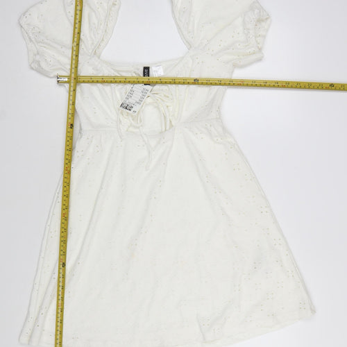 H&M Divided Women’s White Cotton A-Line Puff Sleeve Short Dress Size 8