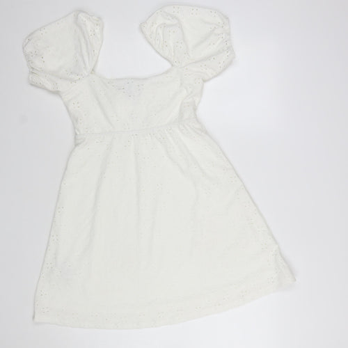 H&M Divided Women’s White Cotton A-Line Puff Sleeve Short Dress Size 8