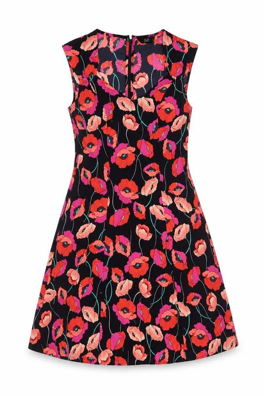 Front view of F&F Women’s Multicoloured Floral Sleeveless A-Line Dress, size UK 6