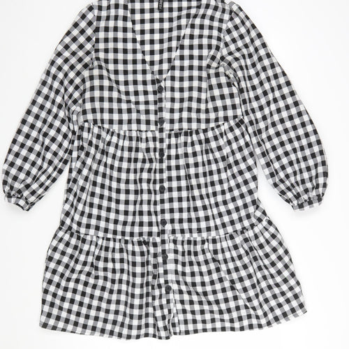 H&M Women’s Black Check Long Sleeve V-Neck Shirt Dress Size 10