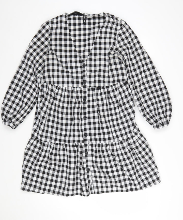 H&M Women’s Black Check Long Sleeve V-Neck Shirt Dress Size 10