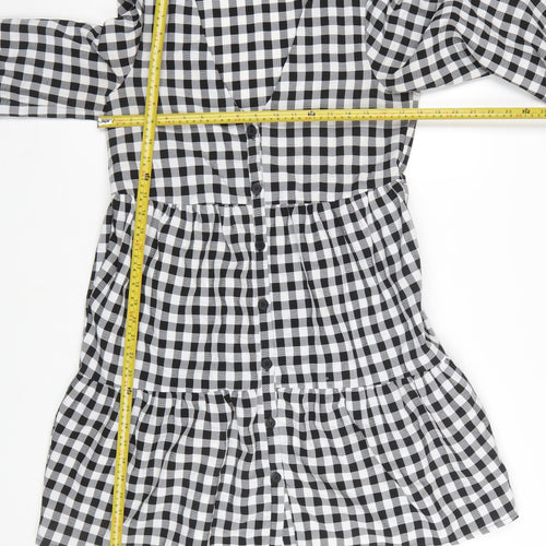 H&M Women’s Black Check Long Sleeve V-Neck Shirt Dress Size 10