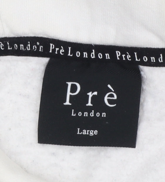 Prè London Men's White Pullover Hoodie Large Logo Graphic