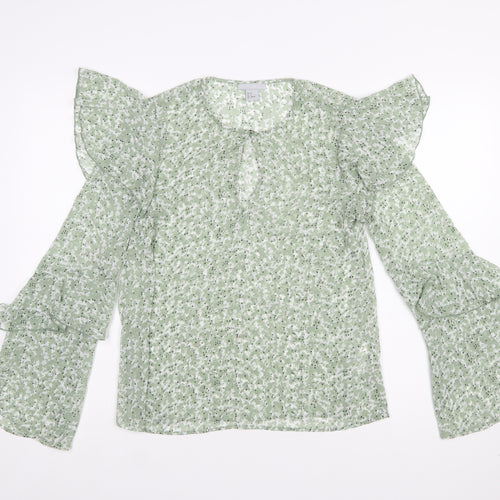 H&M Women’s Green Floral Ruffle Long Sleeve Blouse Size 10