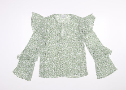H&M Women’s Green Floral Ruffle Long Sleeve Blouse Size 10