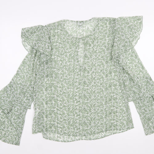 H&M Women’s Green Floral Ruffle Long Sleeve Blouse Size 10