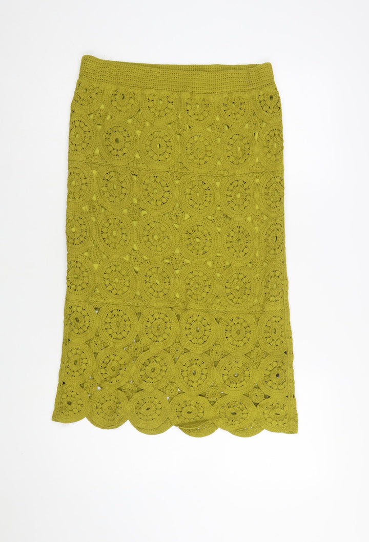 Next Women Green Crochet Cotton Midi Pencil Skirt Size M