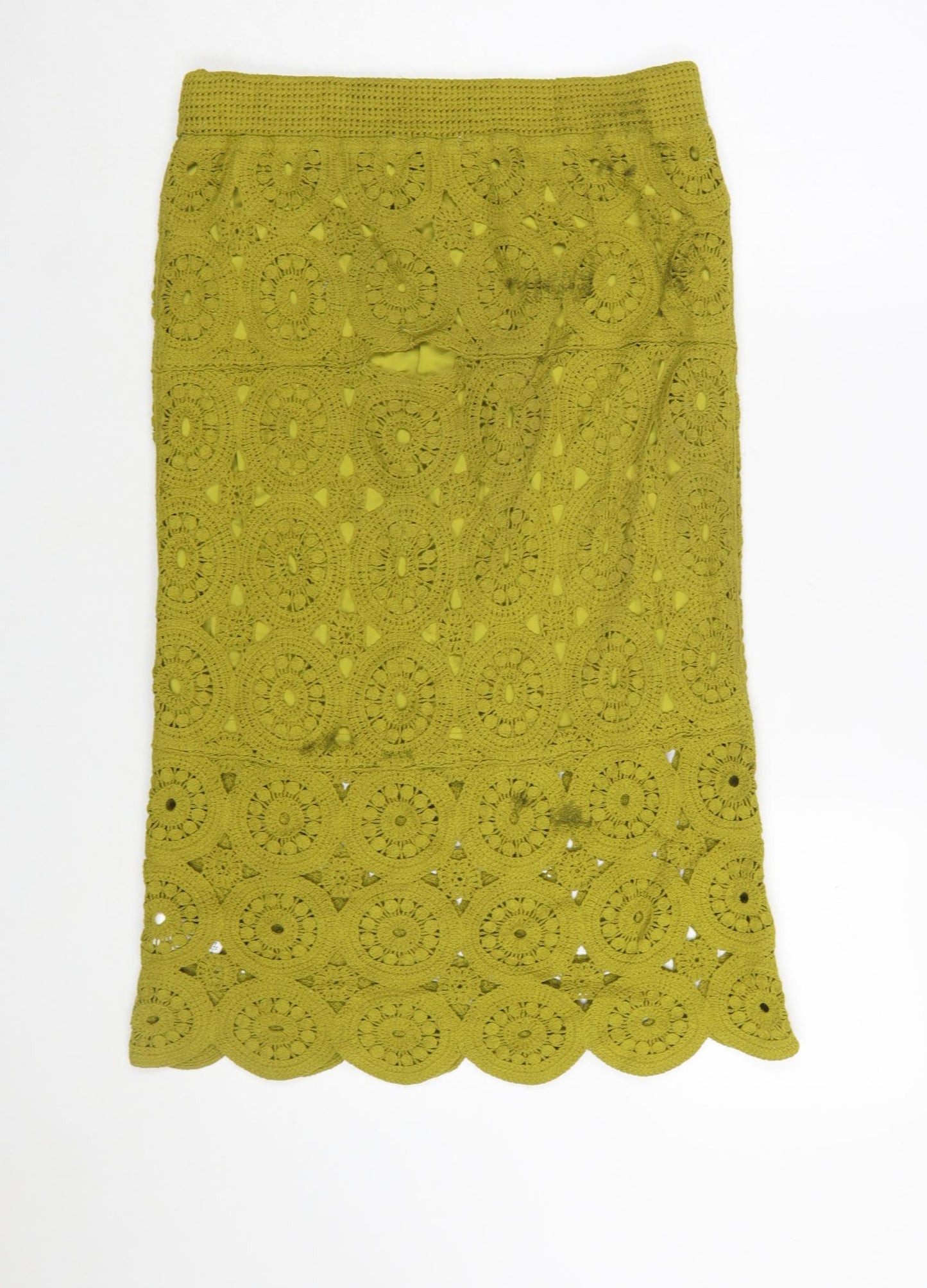 Next Women Green Crochet Cotton Midi Pencil Skirt Size M